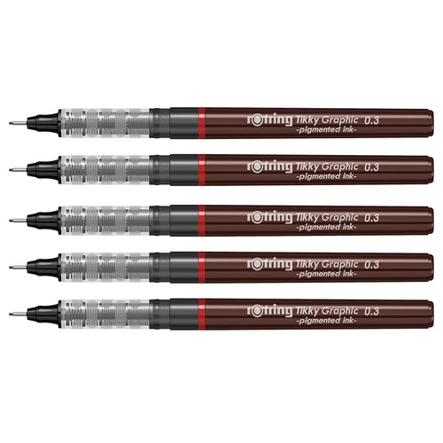 Rotring | Tikky | Graphic Fineliner | Black Pigment Lightfast | 0.3mm | 5 Pen Set