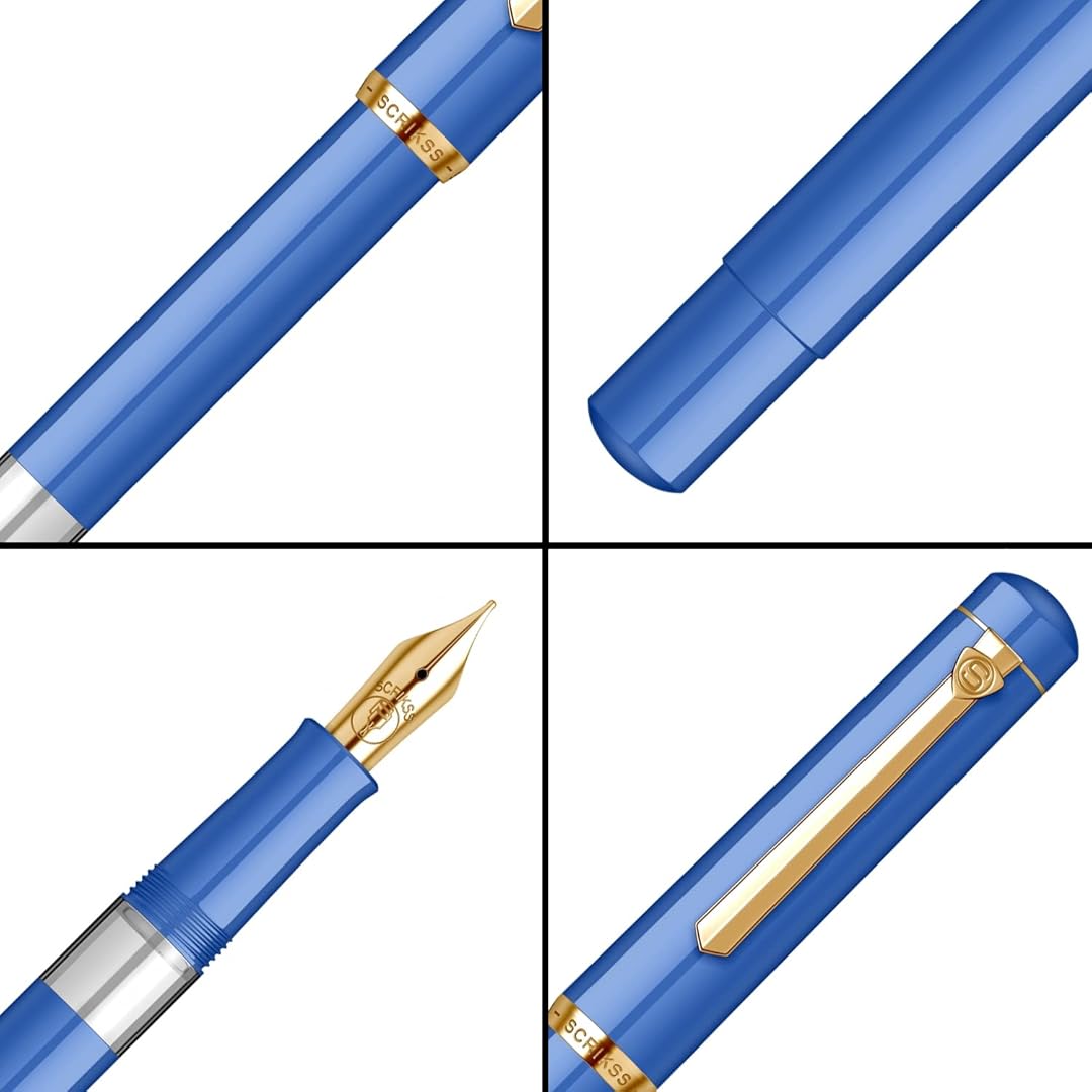 Scrikss | 419 Series | Piston Filler | Fountain Pen | 23K Gold Plated | Medium | Blue Acrylic