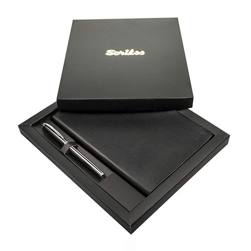 Scrikss | A5 Sundance Premium Notebook | 800 Rollerball Pen | Titanium Chrome | Gift Set | Black