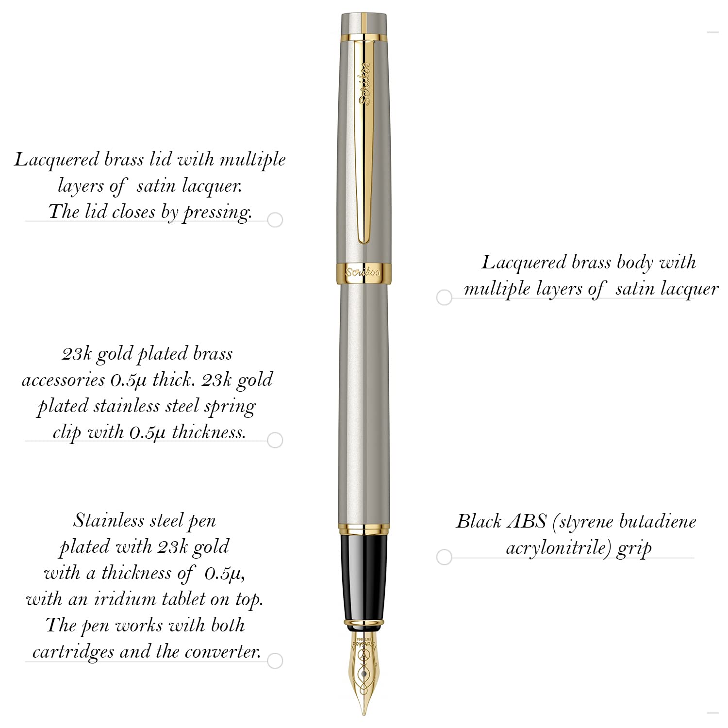 Scrikss | Honour 38 | Brass Body with Gold Plated | Fountain Pen | Grey