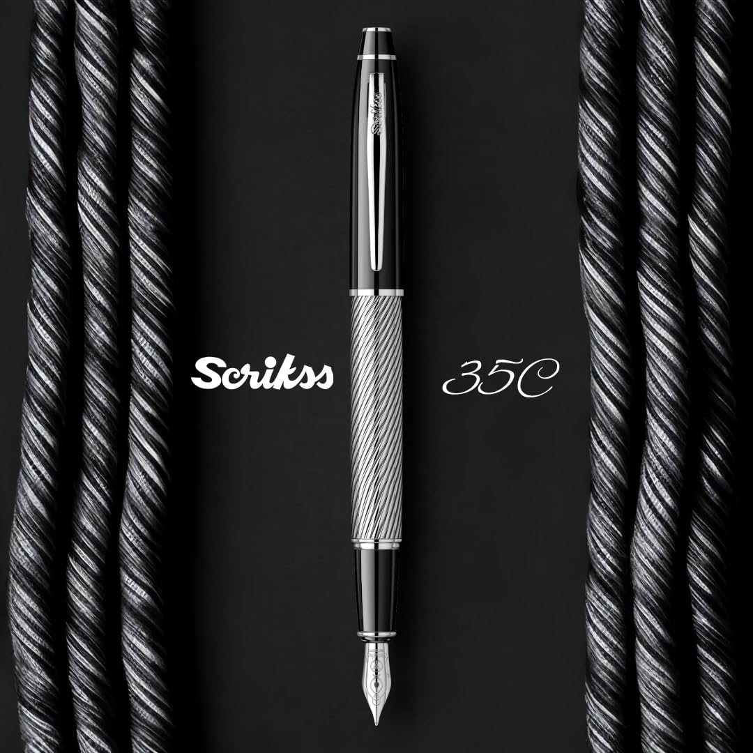 Scrikss | Noble 35C | Fountain Ink Pen | Spiral Black Chrome | Broad Nib