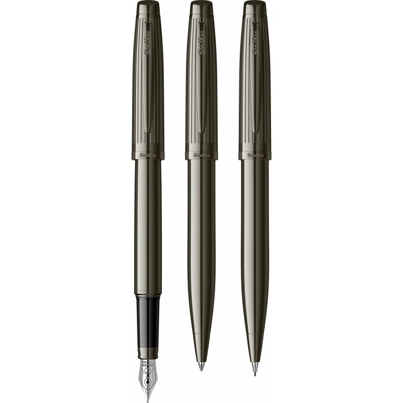 Scrikss Oscar Medium Nib Fountain Ink Pen Ball Point Pen & 0.7mm Mechanical Pencil 3 Piece Set Titanium Barrel Premium Finish