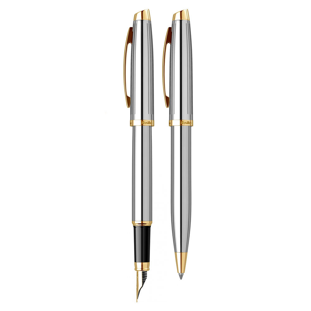 Scrikss | Oscar 39 |Medium Nib Fountain Pen & Ball Point Pen Set | Gold Chrome
