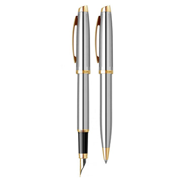 Scrikss | Oscar 39 |Medium Nib Fountain Pen & Ball Point Pen Set | Gold Chrome