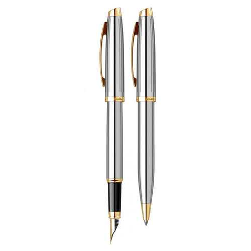 Scrikss | Oscar 39 |Medium Nib Fountain Pen & Ball Point Pen Set | Gold Chrome