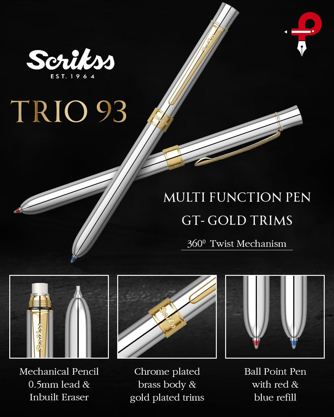 Scrikss Trio 93 Multi Function Pen | Chrome-GT Edition