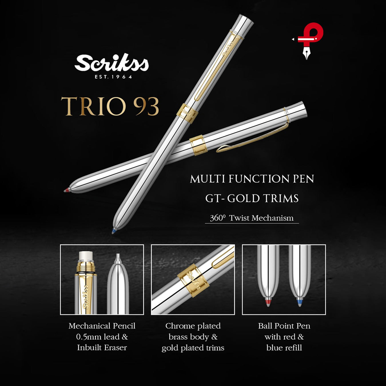Scrikss Trio 93 Multi Function Pen | Chrome-GT Edition