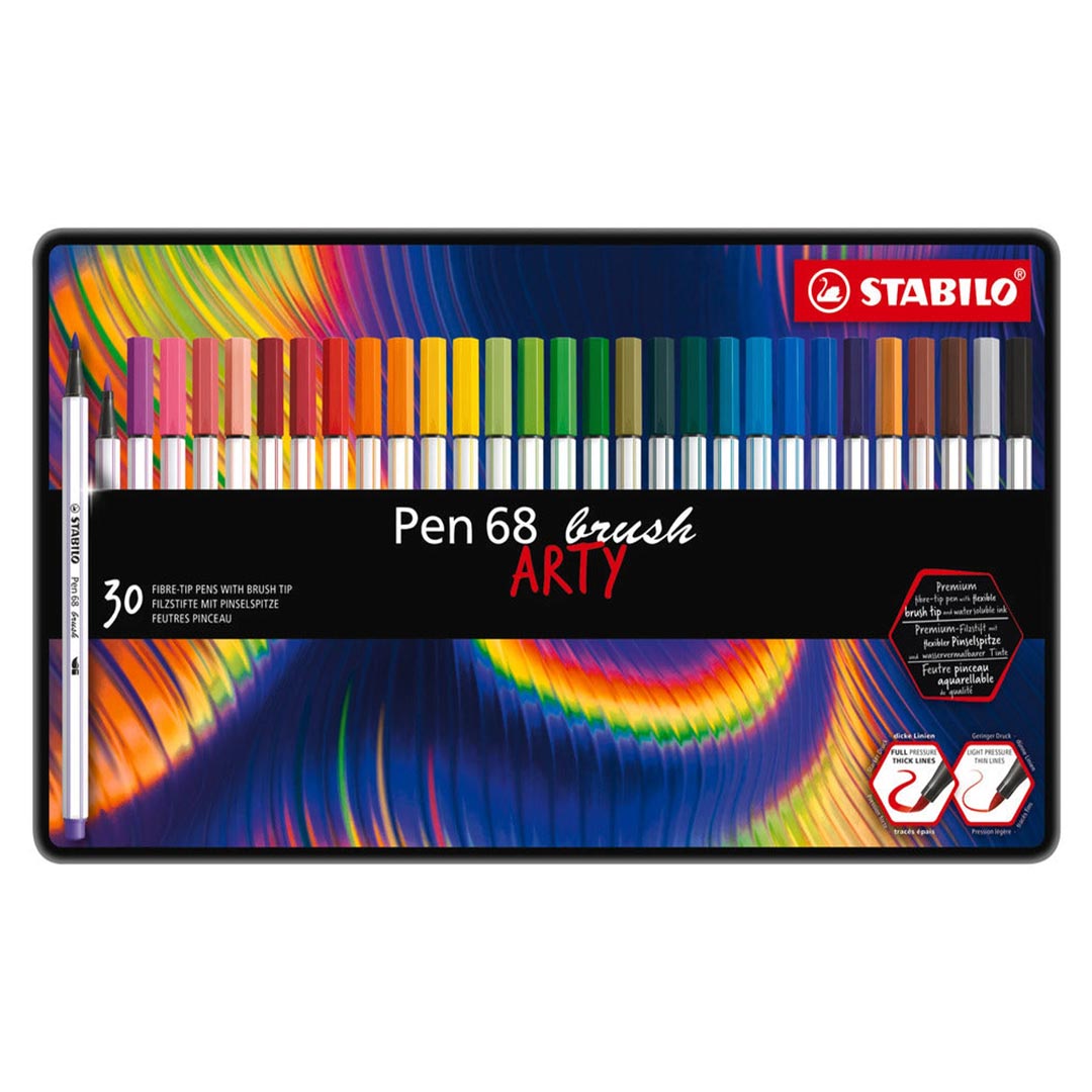 Stabilo | Arty | Pen 68 | Felt-tip Pen With Brush Tip | Metal Box of 30 Pcs