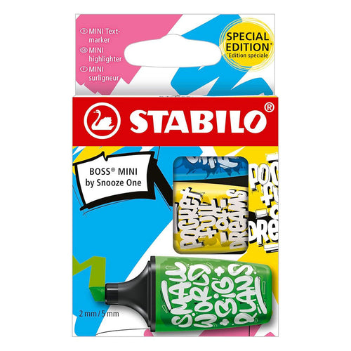 Stabilo | Boss | Mini Snooze One | Highlighter Pen | Pack of 3 | Blue, Yellow, Green