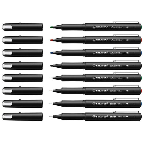 Stabilo | dr!ver Series | Premium Fineliner & Felt Tip | 32 Pens | Black, Blue, Red, Green