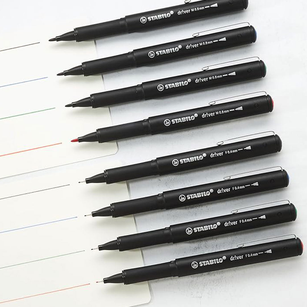 Stabilo | dr!ver Series | Premium Fineliner & Felt Tip | 32 Pens | Black, Blue, Red, Green