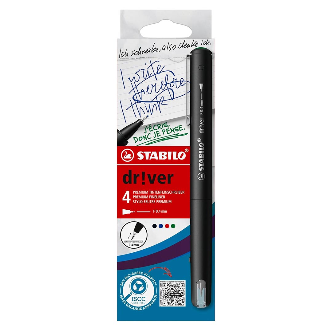 Stabilo | dr!ver Series | Premium Fineliner & Felt Tip | Pack of 4 | 0.4 MM | Black, Blue, Green, Red