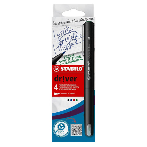 Stabilo | dr!ver Series | Premium Fineliner & Felt Tip | Pack of 4 | 0.8 MM | Black, Blue, Green, Red