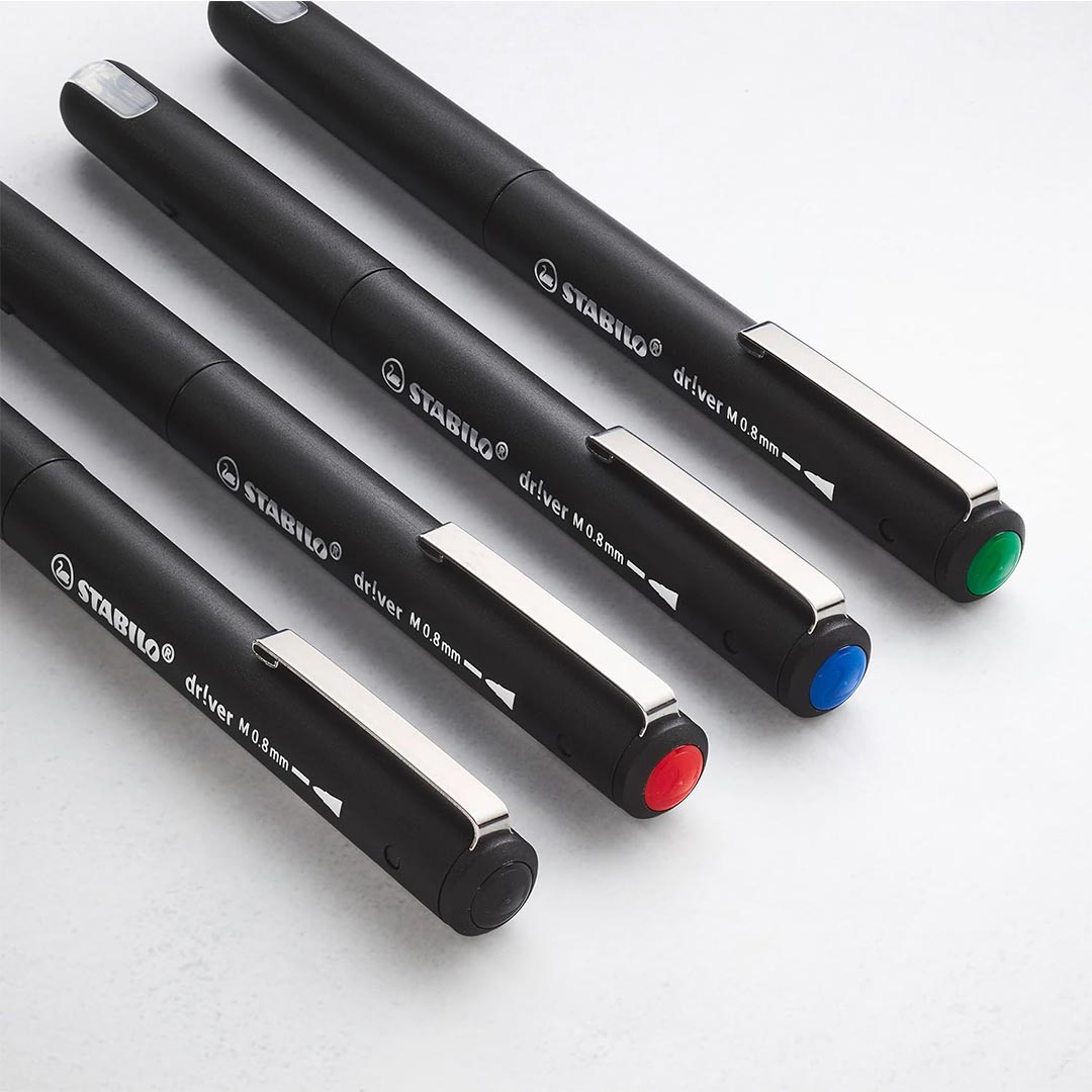 Stabilo | dr!ver Series | Premium Fineliner & Felt Tip | Pack of 4 | 0.8 MM | Black, Blue, Green, Red