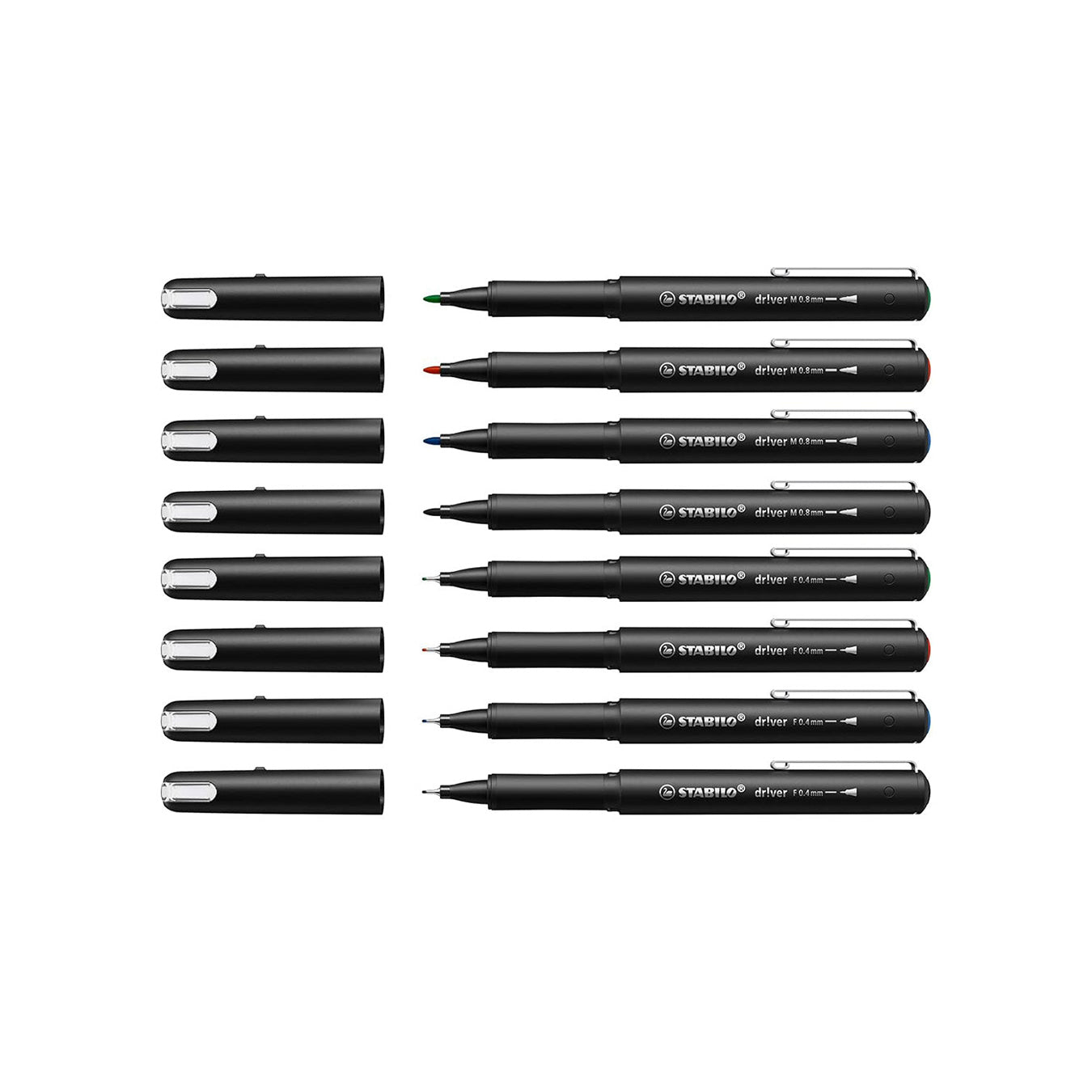 STABILO Driver Series Fineliner Pen Set – 32 Pens (Black, Blue, Red, Green)