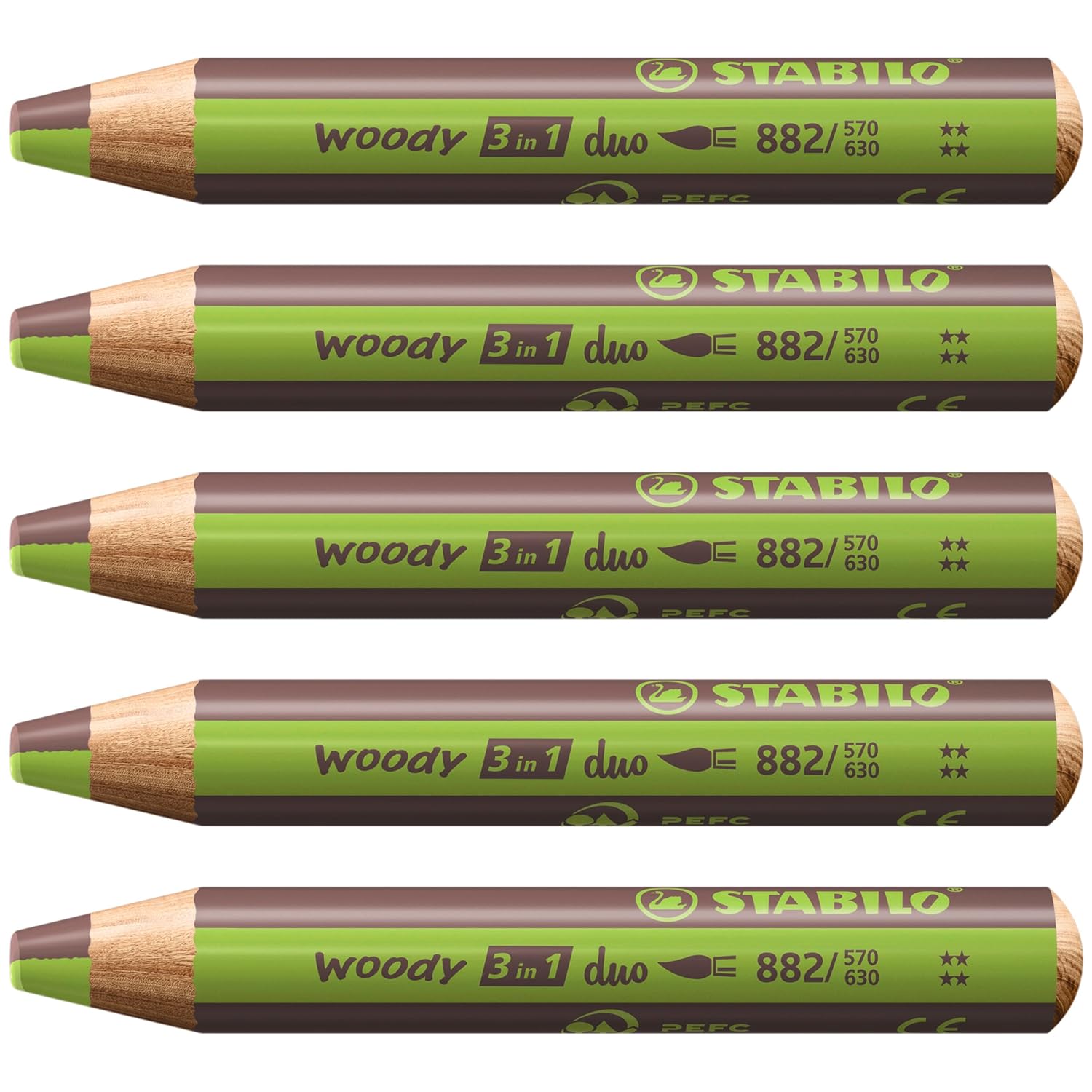 Stabilo | Multi-Talented Pencil | Woody 3 In 1 Duo | Light Green/Brown | Pack of 5