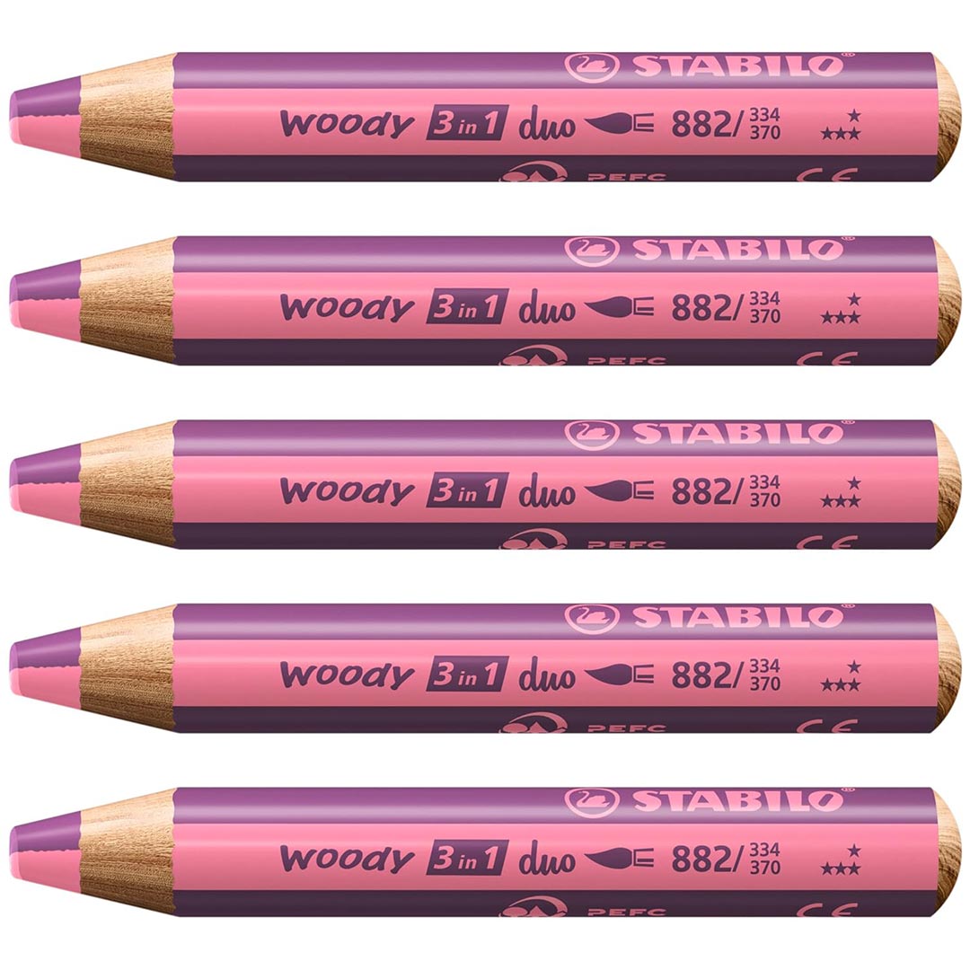 Stabilo | Multi-Talented Pencil | Woody 3 In 1 Duo | Pink/Lilac | Pack of 5