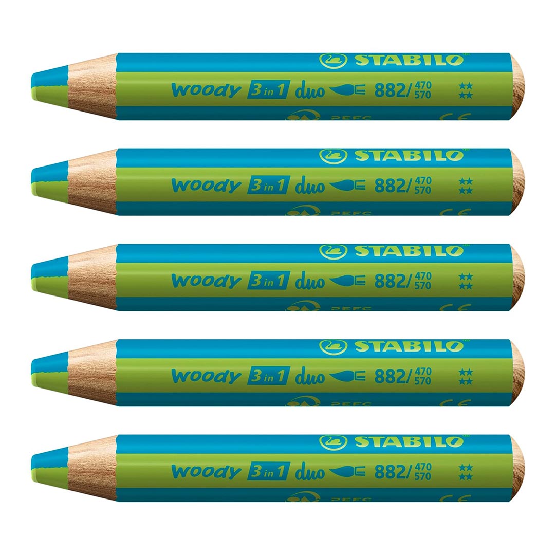 Stabilo | Multi-Talented Pencil | Woody 3 In 1 Duo | Turquoise/Light | Pack of 5