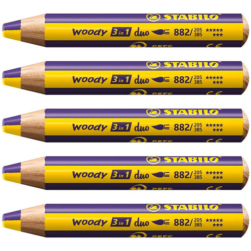 Stabilo | Multi-Talented Pencil | Woody 3 In 1 Duo | Yellow/Violet | Pack of 5