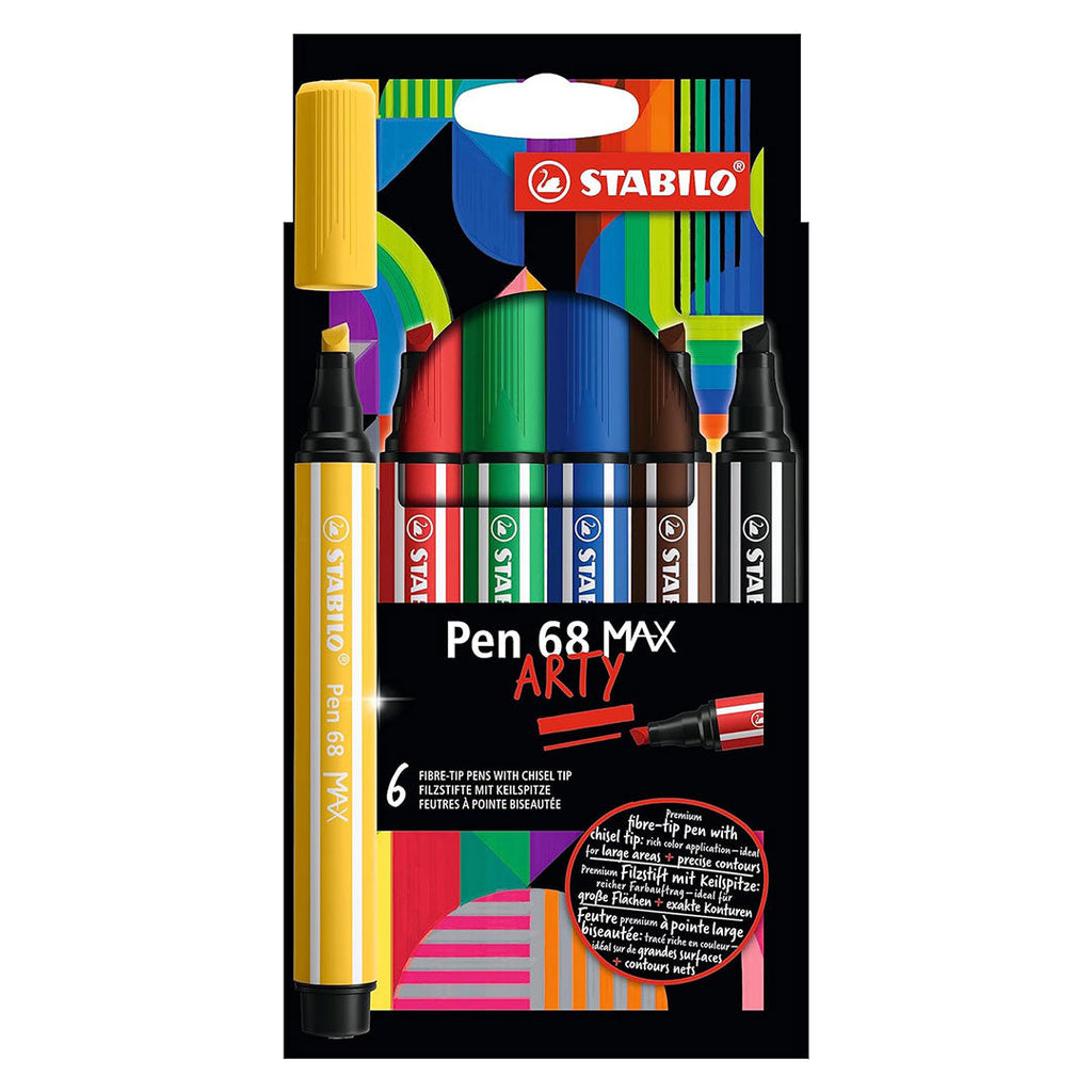 Stabilo | Pen 68 Max Arty | Premium Fibre-tip Pen | With Chisel Tip | Pack Of 6 | Assorted Colours