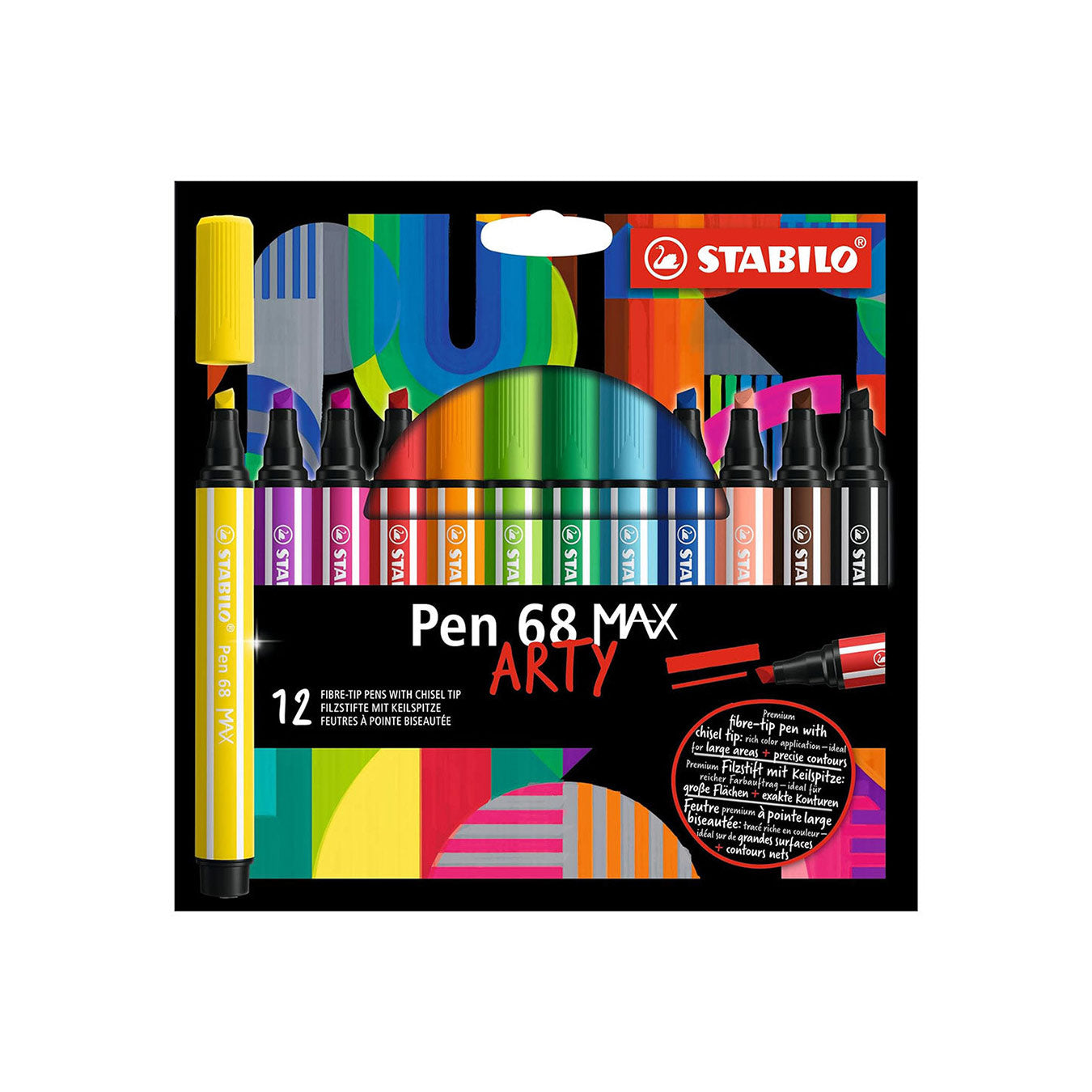 STABILO Pen 68 MAX Arty Felt Tip Pen with Chisel Tip – Pack of 12