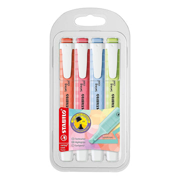 Stabilo | Swing Cool | Highlighter Pen | Pack of 4 | Cherry Blossom Pink, Dash of Lime, Cloudy Blue, Mellow Coral Red