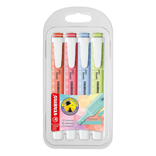 Stabilo | Swing Cool | Highlighter Pen | Pack of 4 | Cherry Blossom Pink, Dash of Lime, Cloudy Blue, Mellow Coral Red