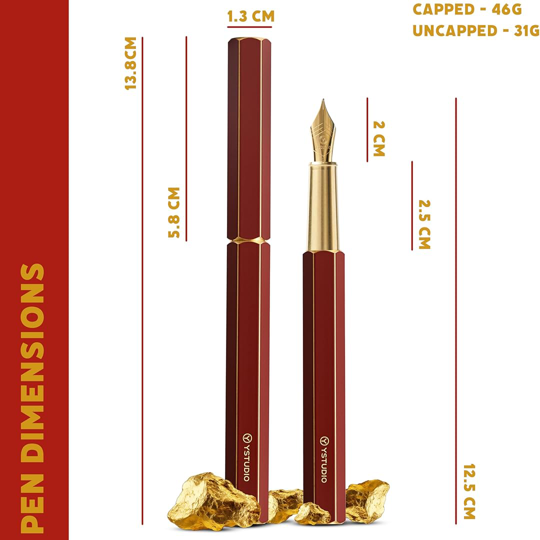 Ystudio Classic Revolve Fountain Pen – Red Hexogon | Medium Nib